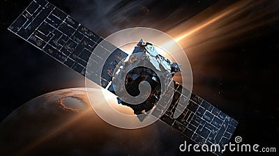 Interstellar Exploration: Solar-Powered Probe Approaching Enigmatic Celestial Haven Stock Photo