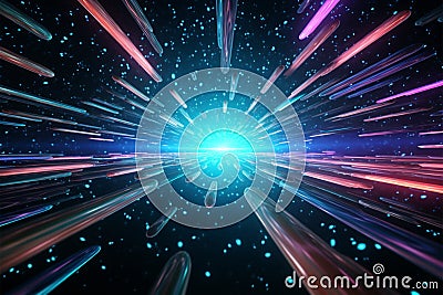 Interstellar hyperjump 3D rendering showcases a neon lit space tunnel Stock Photo