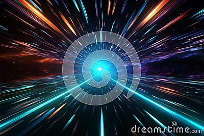 Interstellar hyperjump 3D rendering showcases a neon lit space tunnel Stock Photo