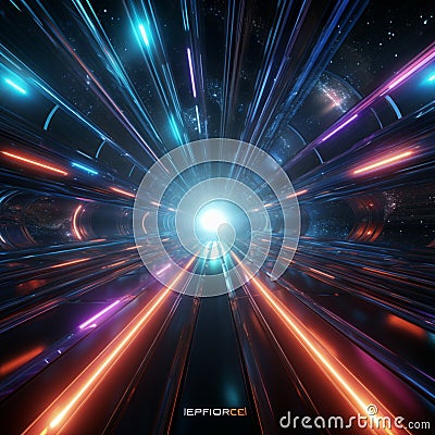 Interstellar hyperjump 3D rendering showcases a neon lit space tunnel Stock Photo