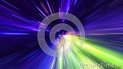 Interstellar, time travel and hyper jump in space. Flying through wormhole tunnel or abstract energy vortex. Singularity, gravitat Stock Photo