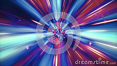 Illustration of interstellar travel through a blue wormhole filled with stars Stock Photo