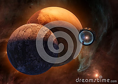 Interstellar travel and dimensional portals, spaceships exploring new planets. Exoplanet Stock Photo