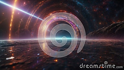 Interstellar Travel Portal A Convergence of Multicolored Light Beams Creating a Gateway to Other Worlds. Stock Photo