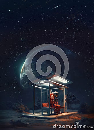 Interstellar traveller awaiting a bus under unfamiliar night sky of alien planet, sci-fi concept, generative AI Stock Photo