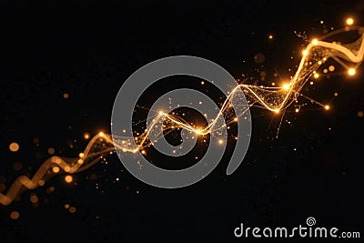 Intertwined golden geometric shapes creating dynamic financial data visualization on black backdrop , bitcoin, stock Stock Photo