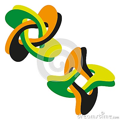 Intertwined ribbon form. Green orange twist. Abstract knot vector. Smooth curve structure. Vector Illustration