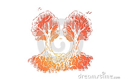 Intertwined tree roots, inseparable objects, forever together metaphor Vector Illustration