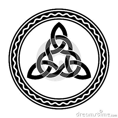 Intertwined triquetra, a Celtic knot, in a circle frame Vector Illustration