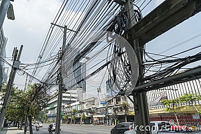 Electric power wires on the street in Bangkok Editorial Stock Photo