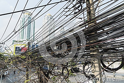 Electric power wires on the street in Bangkok Editorial Stock Photo