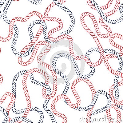 Intertwining Nautical Blue Outlined Ropes on White Background Vector Seamless Pattern. Blue, Red Marine Background Vector Illustration