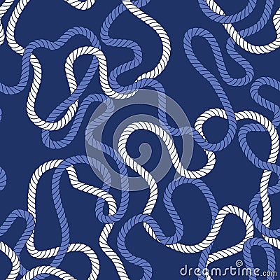 Intertwining Nautical Blue and White Ropes on Dark Blue Background Vector Seamless Pattern. Monochrome Marine Background Vector Illustration