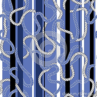 Intertwining Nautical Blue and White Ropes and Stripes Vector Seamless Pattern. Monochrome Blue Marine Background Vector Illustration