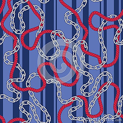 Intertwining Nautical Ropes, Chains and Stripes Vector Seamless Pattern. Trendy Red and Blue Marine Background Vector Illustration