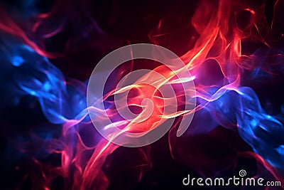 Intertwining red and blue flames mesmerize on a dark background. Stock Photo