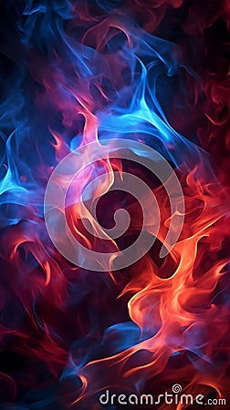 Intertwining red and blue flames mesmerize on a dark background Stock Photo