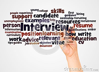 Interview curriculum vitae word cloud and hand with marker concept Stock Photo