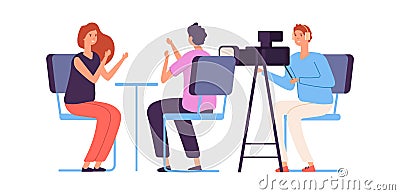 Interview. Live stream, tv show camera crew. Journalist talking to guest. Broadcaster news, vlogging vector illustration Vector Illustration