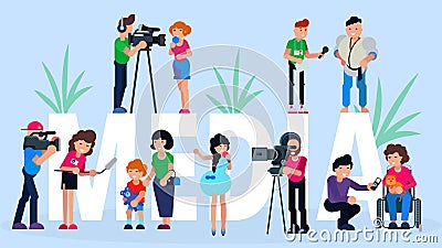 Interview media tv news, vector illustration. Reporter and journalist with microphone, press report at camera Vector Illustration