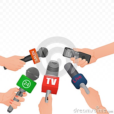 Interview news microphones and voice recorder in hands of reporters journalist press conference. Hot news banner Vector Illustration
