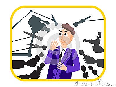 Interview. Speaker man. Press conference. News. Live report, live news. Many hands of journalists with microphones and Vector Illustration