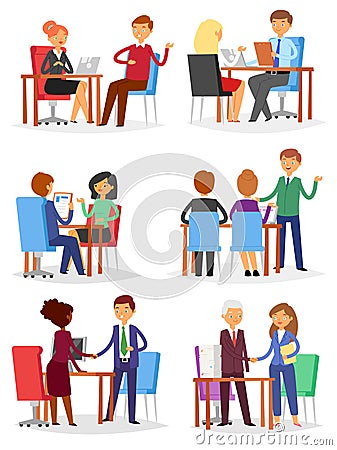 Interview vector interviewed people on business meeting and interviewee or interviewer in office illustration set of man Vector Illustration