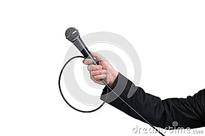 Interviewer or reporter with microphone in hand view from one si Stock Photo