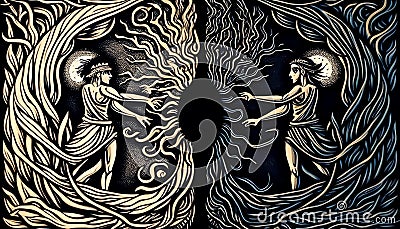 Interwoven Realms: The Tethering of Earth to the Forces of Good and Evil, Made with Generative AI Stock Photo