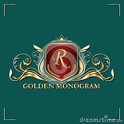 Pattern of graceful golden frame. Original monogram. Luxurious leafy ornament. Place for initsialov. Logo. Vector Illustration