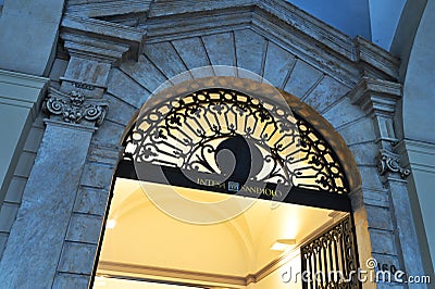 Intesa San Paolo bank company logo at first ancient headquarters Turin Italy Editorial Stock Photo