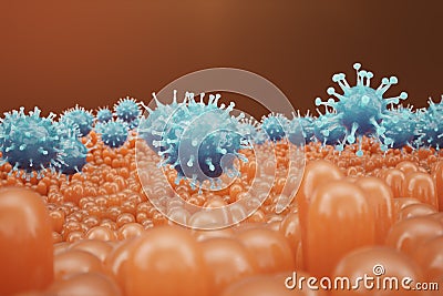 Intestinal villi, mucosa intestinal. Bacteria and microbes in intestines. Microscopic villi and capillary. Human Stock Photo