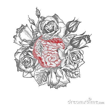 Intestines with bouquet roses Realistic hand-drawn icon of human internal organ and flower frame. Engraving art. Sketch Vector Illustration