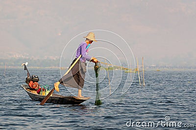 Intha traditional leg rowing fisherman on Inle lake, Burma Myanmar Editorial Stock Photo