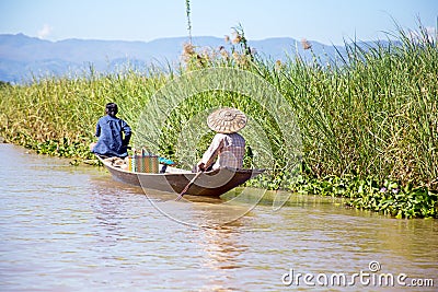 Inthas travel on boat in Inle, Myanmar Asia Editorial Stock Photo