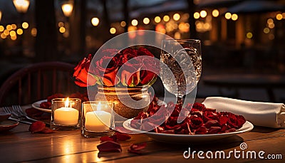 An intimate evening setting with vibrant red roses in a brass vase, scattered petals on a plate, a glowing candle, and a glass of Stock Photo