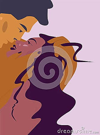 A man kisses a woman on the lips, reconciliation in a young couple. A kiss of an erotic lover. Vector Illustration