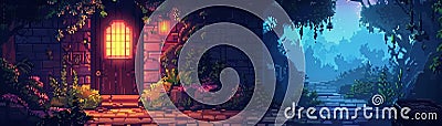 Intimate look at a chibi pixel art game setting with a level up button Stock Photo