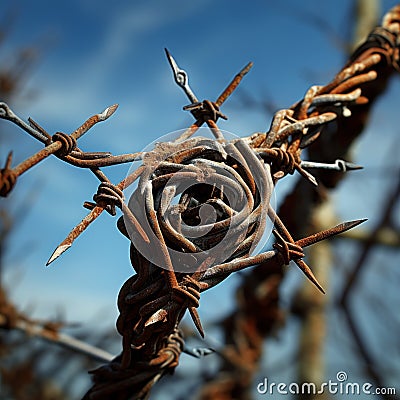 Intimidating Barbed wire field closeup. Generate Ai Stock Photo