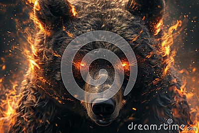 Intimidating Bear face fiery red eyes. Generate Ai Stock Photo