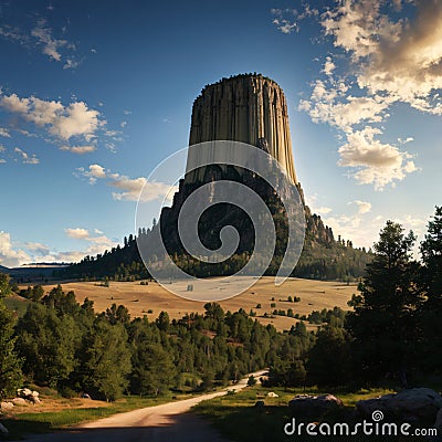 An intimidating view of Devil's Tower National Monument made with Generative AI Stock Photo