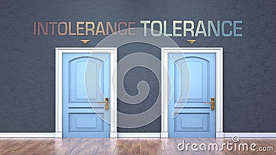 Intolerance and tolerance as a choice - pictured as words Intolerance, tolerance on doors to show that Intolerance and tolerance Cartoon Illustration