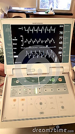 Intra-aortic balloon pump controller showing pressure and heart rate Stock Photo