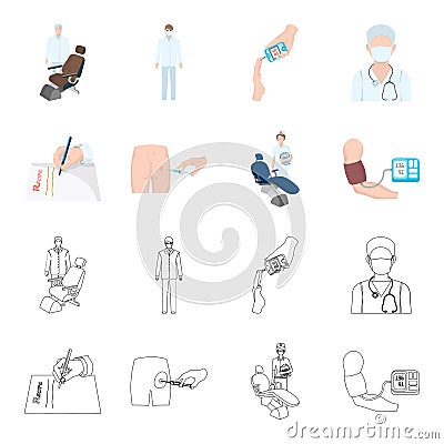 Intramuscular injection, prescription, Dentist, blood pressure measurement. Medicineset collection icons in cartoon Vector Illustration
