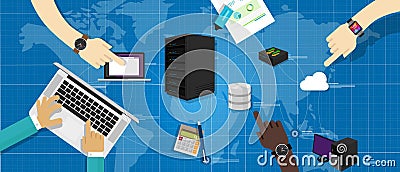 Intranet network server database router cloud internet interconnected world map IT infrastructure management Vector Illustration