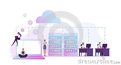 Intranet Private Network of Computers in Organization with Own Server and Firewall. Business Team Managers Vector Illustration