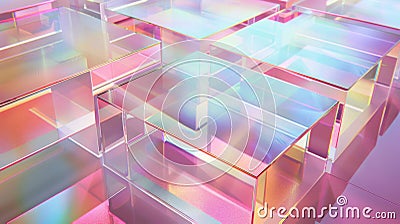 An intricate array of angular, mirror-like surfaces reflect and multiply holographic colors, creating a mesmerizing Stock Photo