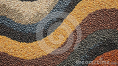 An intricate array of colorful beans, lentils, and seeds is arranged in a mesmerizing abstract pattern, showcasing Stock Photo