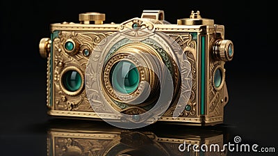 Intricate Art Nouveau Gold Camera With Emeralds Stock Photo