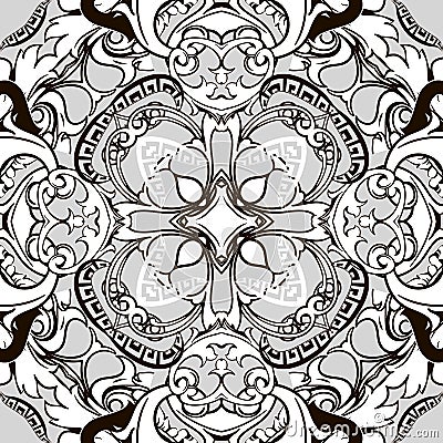 Intricate Baroque vector seamless pattern. Greek style ornamental monochrome background. Floral Damask ornament with Vector Illustration